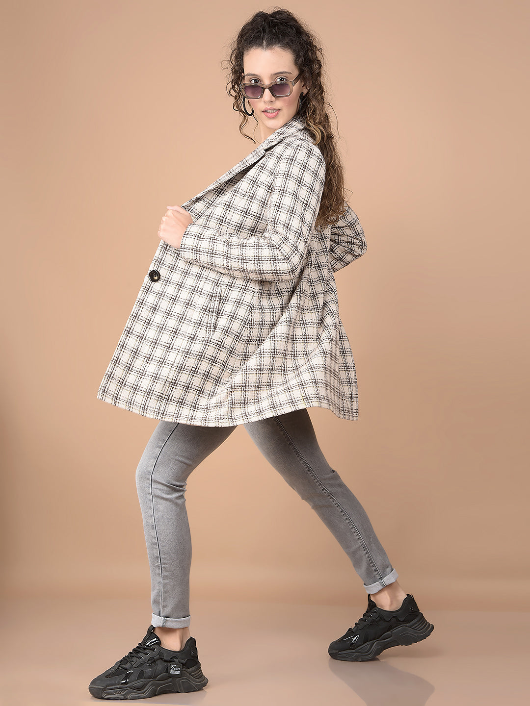 White Checked Longline Overcoat-Women Coats-Crimsoune Club