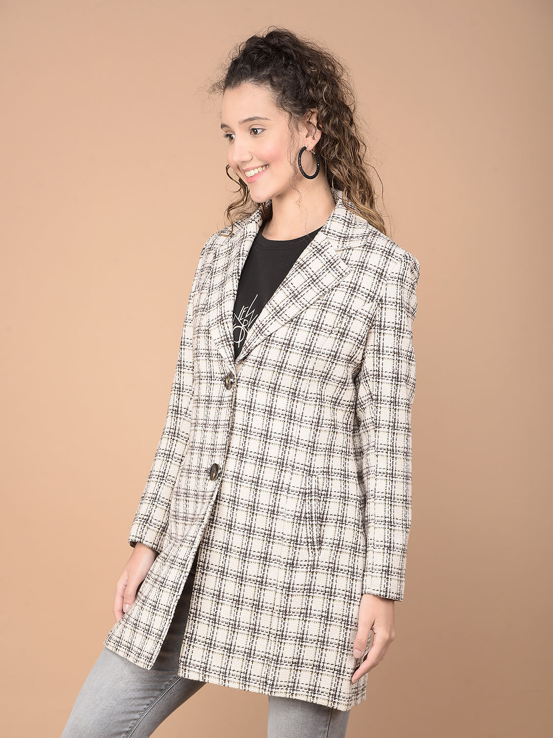 White Checked Longline Overcoat-Women Coats-Crimsoune Club