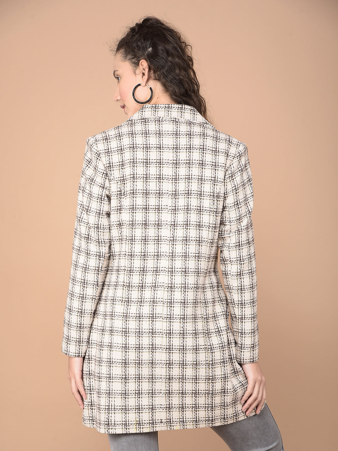 White Checked Longline Overcoat-Women Coats-Crimsoune Club