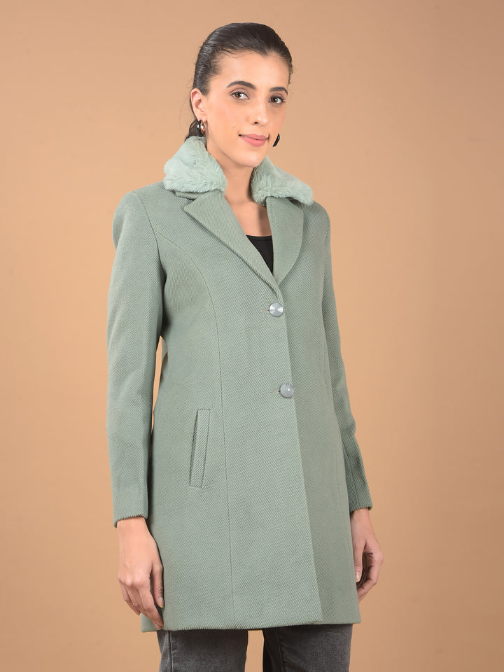 Green Notched Lapel Long Length Overcoat-Women Coats-Crimsoune Club