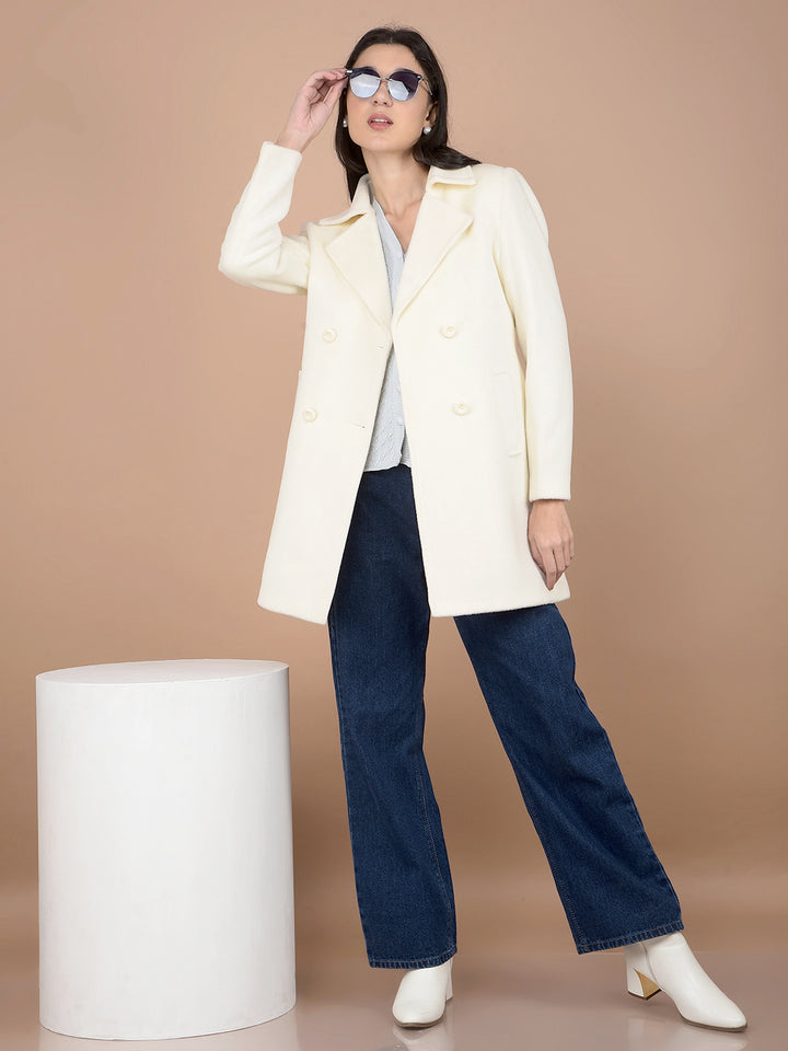 Cream Mid-Thigh Length Double-Breasted Overcoat - Main Image