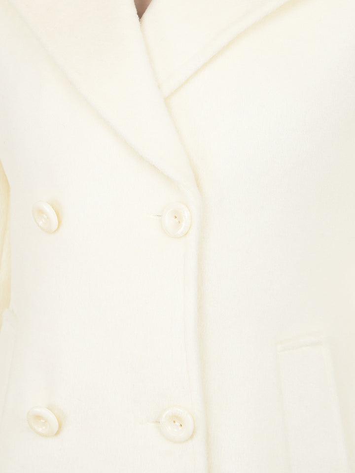 Cream Mid-Thigh Length Double-Breasted Overcoat-Women Coats-Crimsoune Club