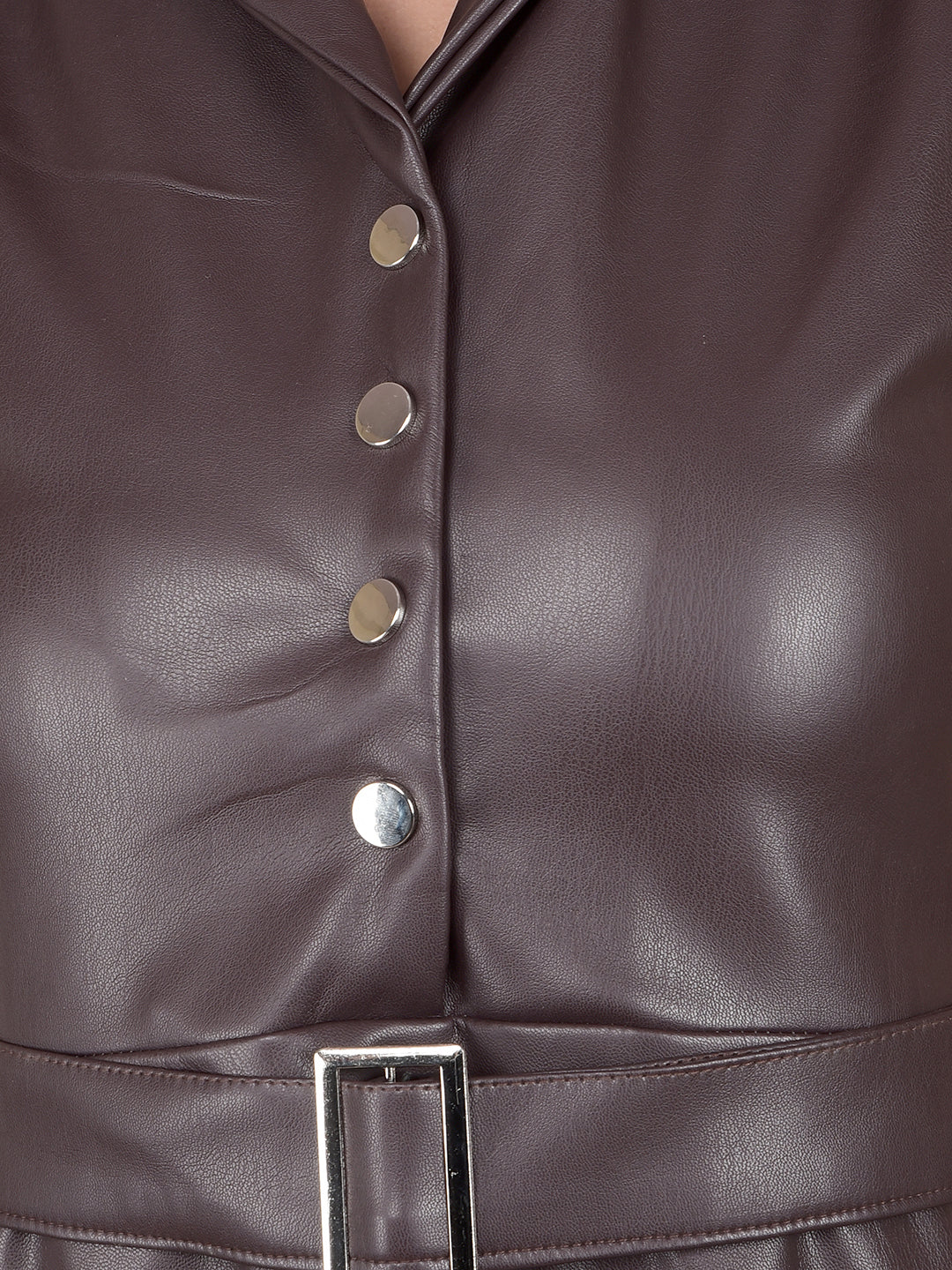 Wine V-Neck A-Line Sleeveless Leather Dress with Belt-Women Dresses-Crimsoune Club