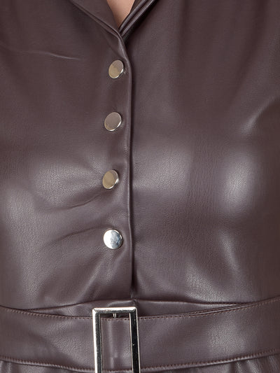 Wine V-Neck A-Line Sleeveless Leather Dress with Belt-Women Dresses-Crimsoune Club