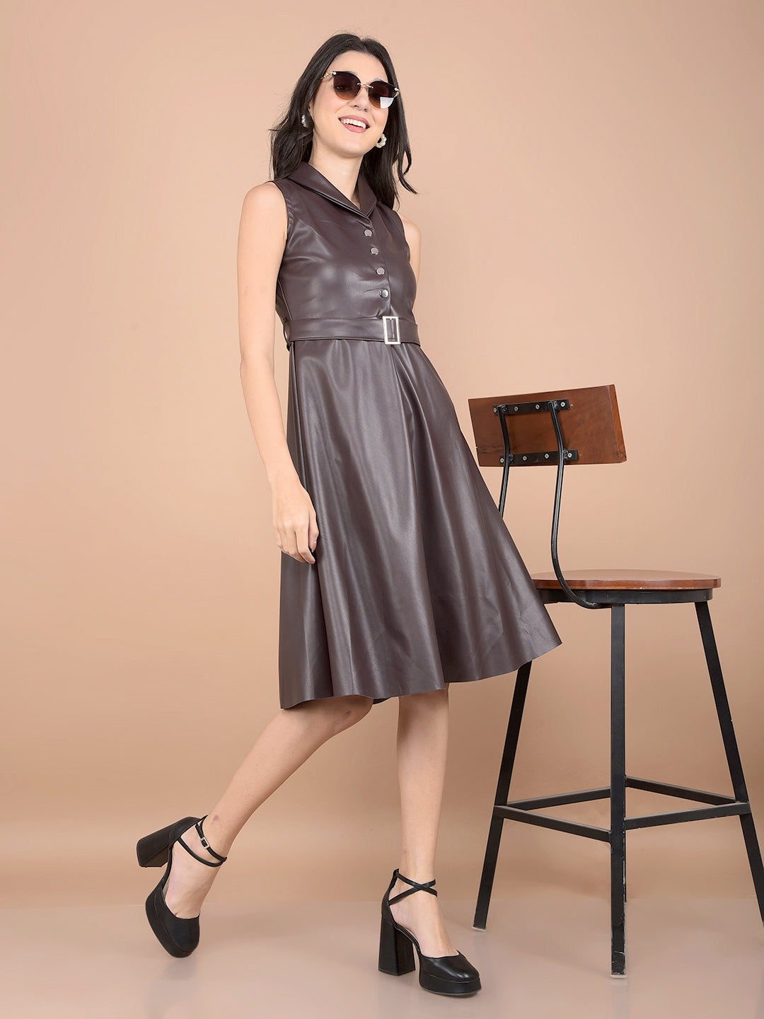 Wine V-Neck A-Line Sleeveless Leather Dress with Belt-Women Dresses-Crimsoune Club