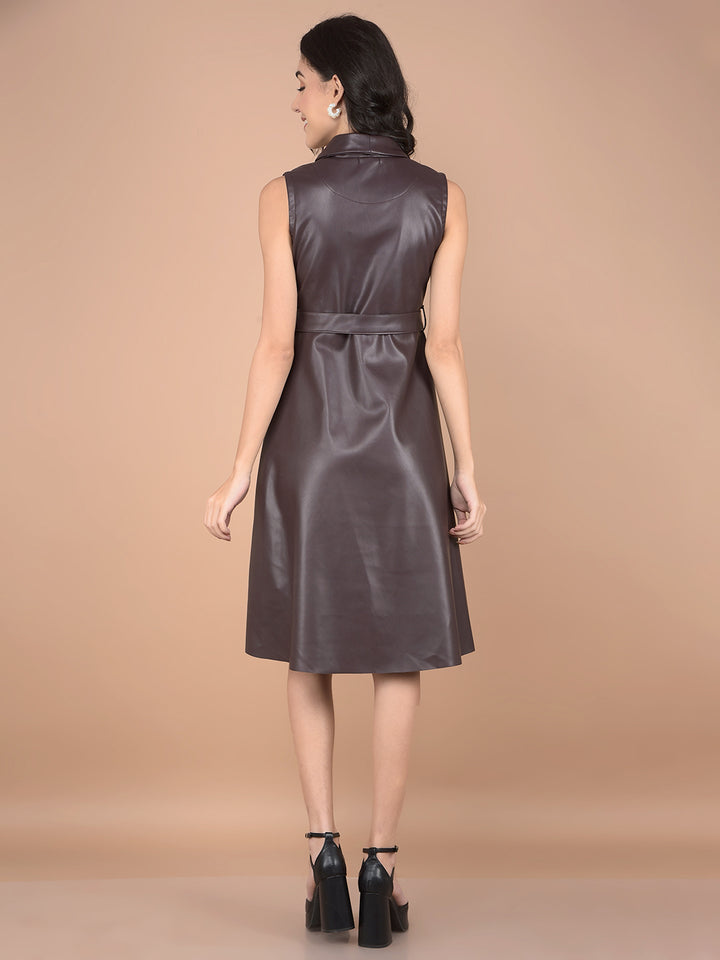 Wine V-Neck A-Line Sleeveless Leather Dress with Belt-Women Dresses-Crimsoune Club