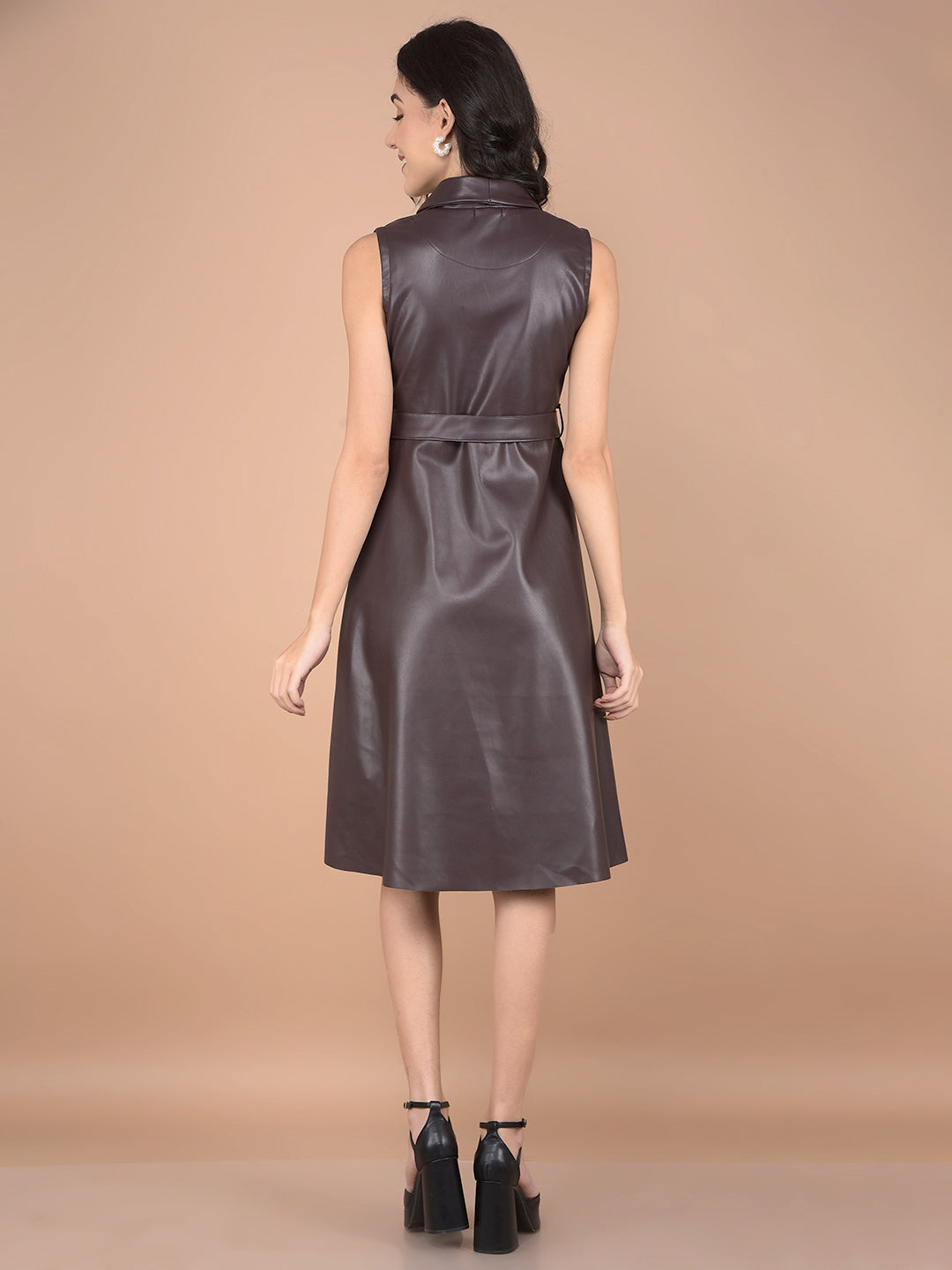 Wine V-Neck A-Line Sleeveless Leather Dress with Belt-Women Dresses-Crimsoune Club
