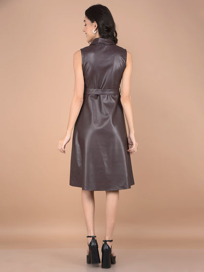 Wine V-Neck A-Line Sleeveless Leather Dress with Belt-Women Dresses-Crimsoune Club