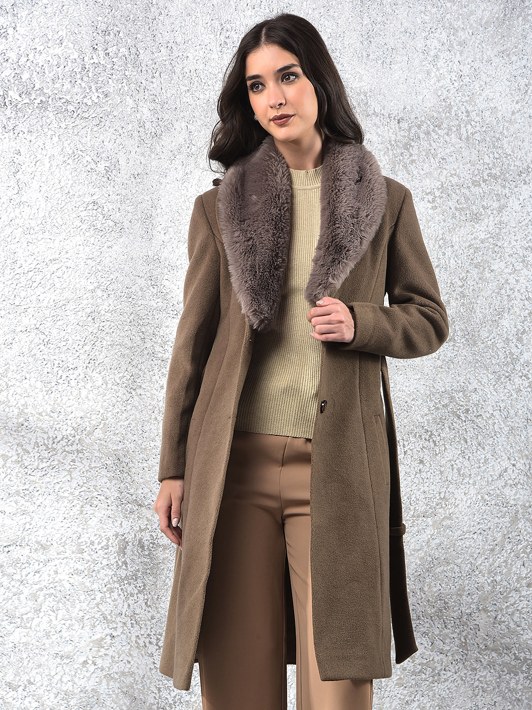 Brown Notched Lapel Overcoat With Belt-Women Coats-Crimsoune Club