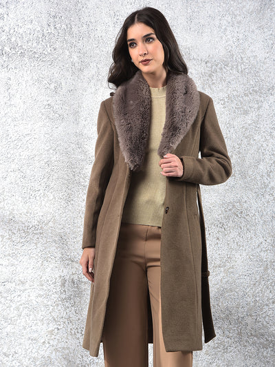 Brown Notched Lapel Overcoat With Belt-Women Coats-Crimsoune Club