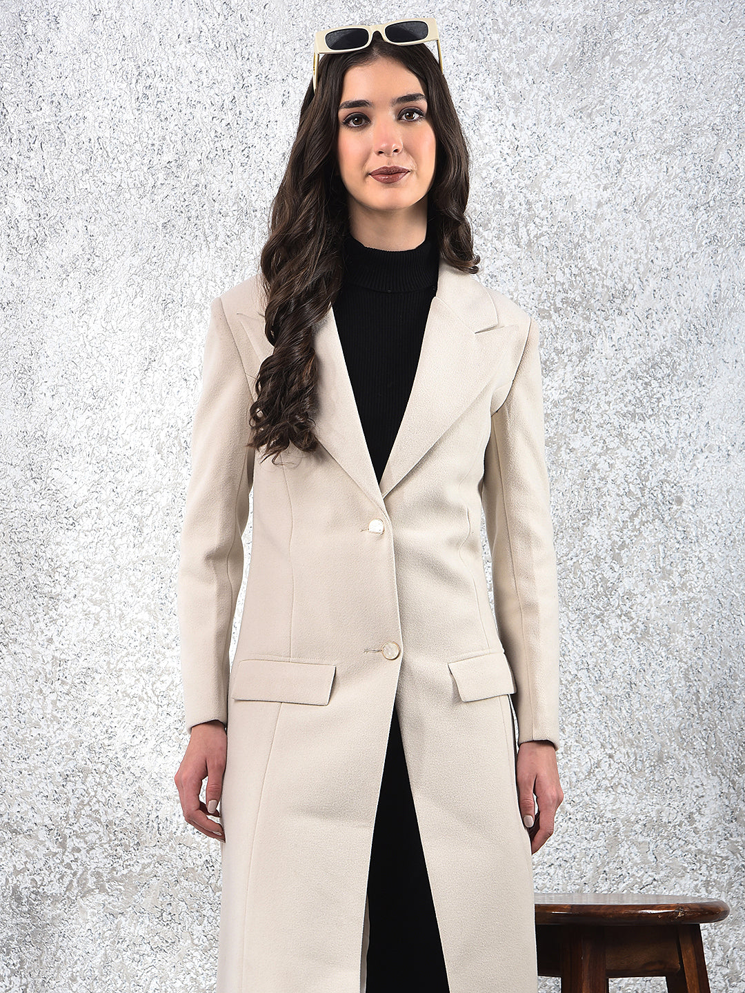 Cream Notched Lapel Knee-Length Overcoat-Women Coats-Crimsoune Club