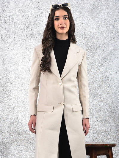Cream Notched Lapel Knee-Length Overcoat-Women Coats-Crimsoune Club
