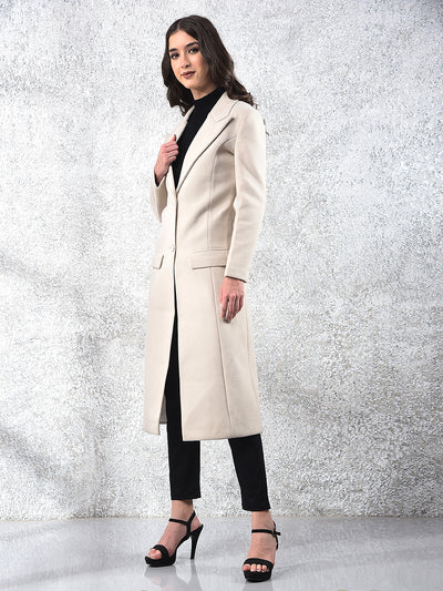 Cream Notched Lapel Knee-Length Overcoat-Women Coats-Crimsoune Club