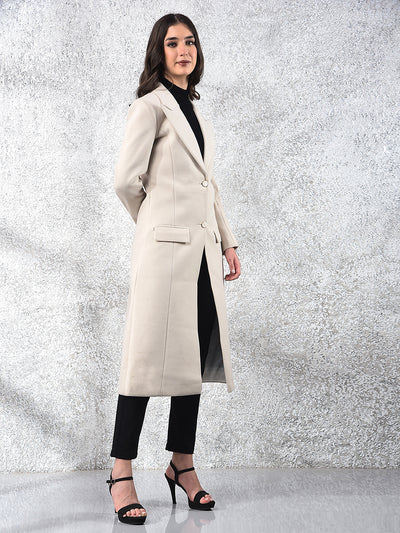 Cream Notched Lapel Knee-Length Overcoat-Women Coats-Crimsoune Club