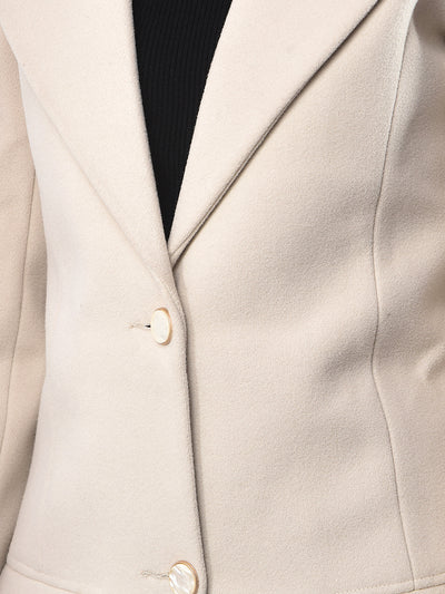 Cream Notched Lapel Knee-Length Overcoat-Women Coats-Crimsoune Club
