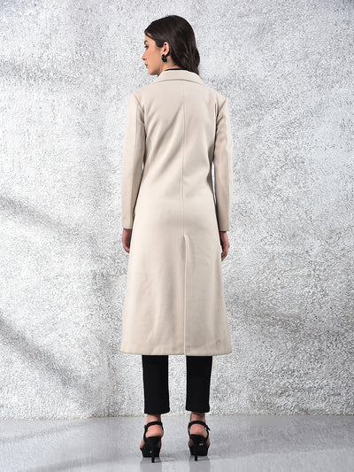 Cream Notched Lapel Knee-Length Overcoat-Women Coats-Crimsoune Club