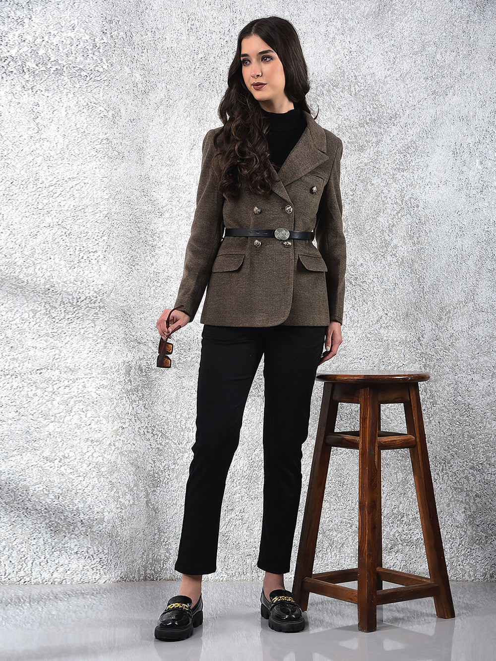 Brown Notched Lapel Double-Breasted Coat With Belt-Women Coats-Crimsoune Club