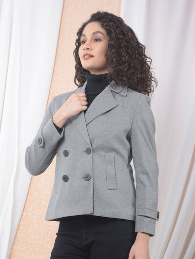 Grey Notched Lapel Double-Breasted Coat-Women Coats-Crimsoune Club