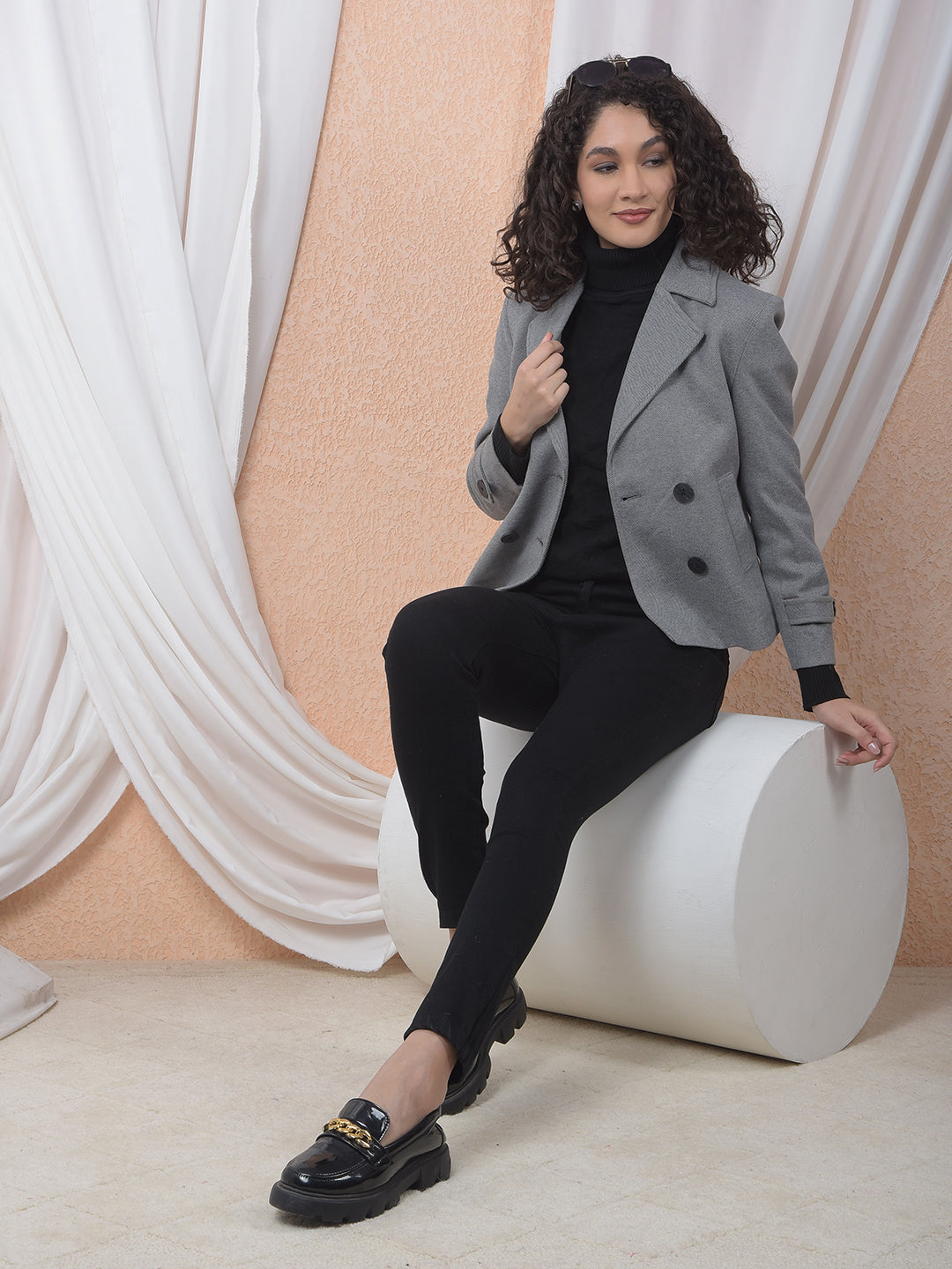 Grey Notched Lapel Double-Breasted Coat-Women Coats-Crimsoune Club