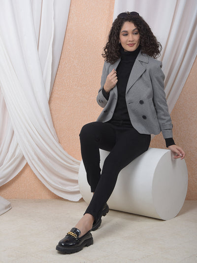 Grey Notched Lapel Double-Breasted Coat-Women Coats-Crimsoune Club