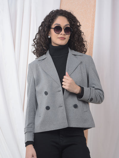 Grey Notched Lapel Double-Breasted Coat-Women Coats-Crimsoune Club