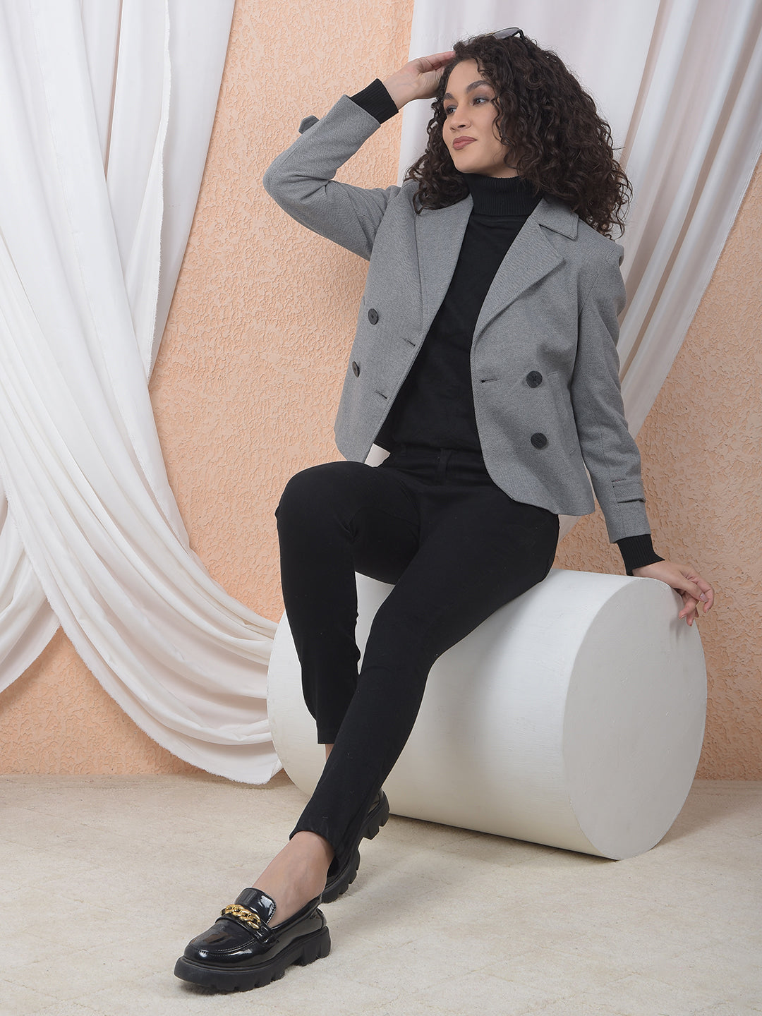 Grey Notched Lapel Double-Breasted Coat-Women Coats-Crimsoune Club