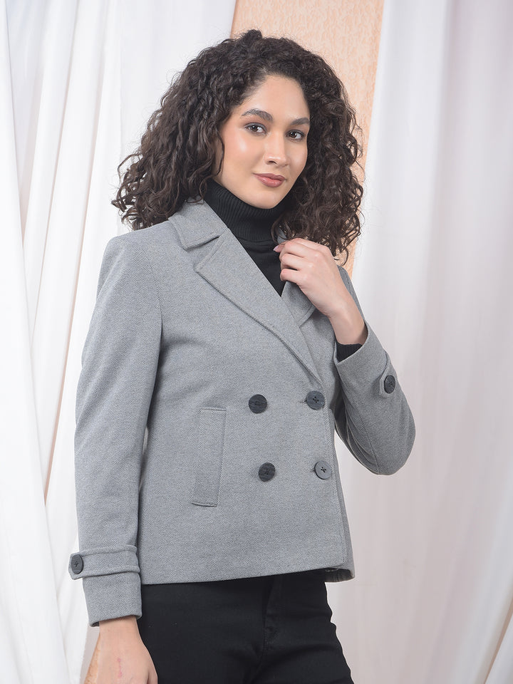 Grey Notched Lapel Double-Breasted Coat-Women Coats-Crimsoune Club