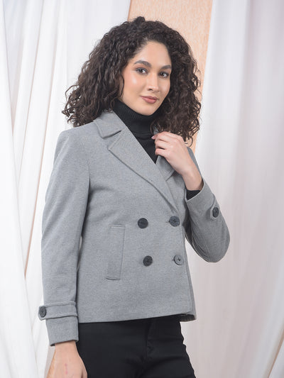 Grey Notched Lapel Double-Breasted Coat-Women Coats-Crimsoune Club