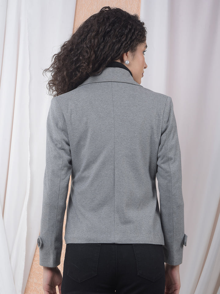 Grey Notched Lapel Double-Breasted Coat-Women Coats-Crimsoune Club