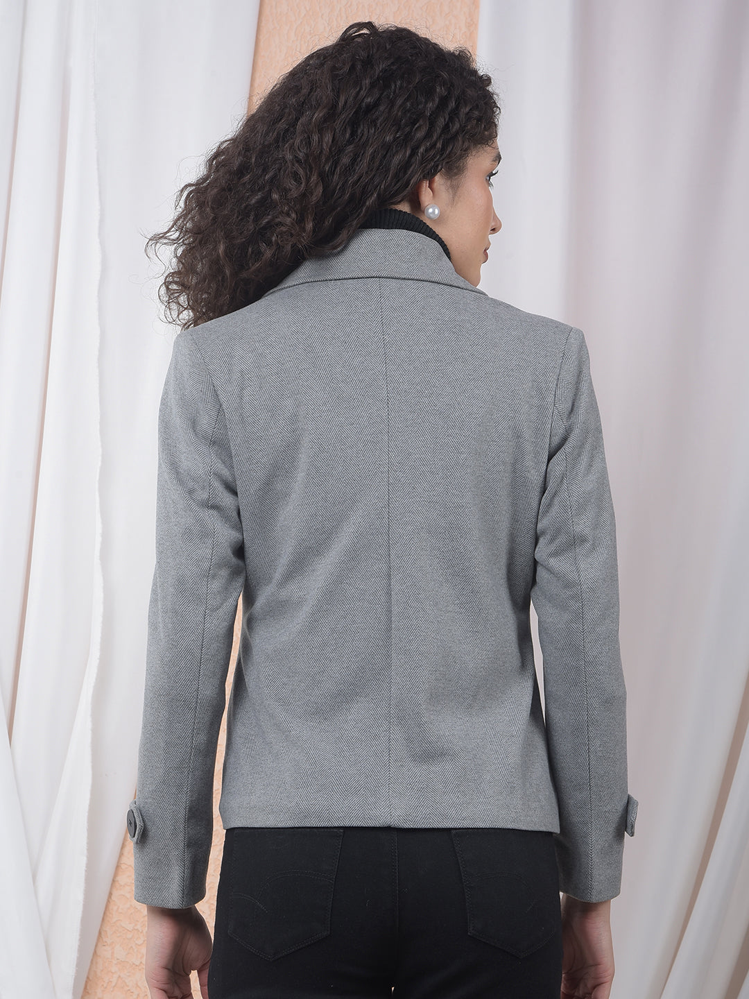Grey Notched Lapel Double-Breasted Coat-Women Coats-Crimsoune Club