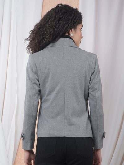 Grey Notched Lapel Double-Breasted Coat-Women Coats-Crimsoune Club