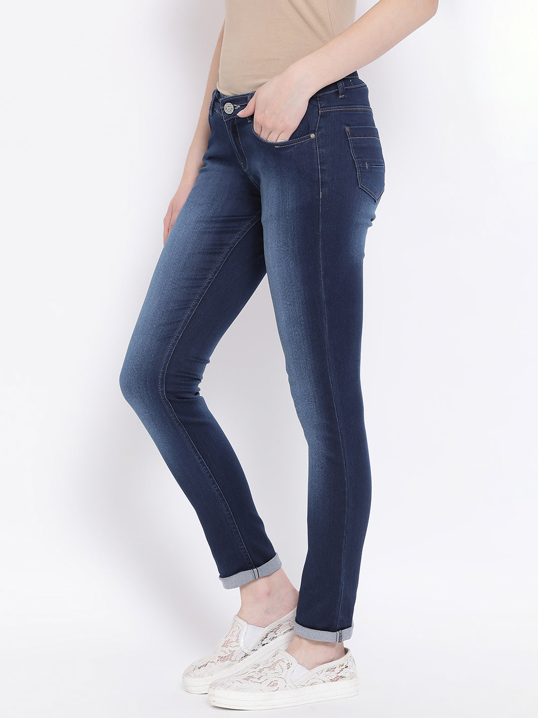 Navy Blue Solid Mildy Fade Jeans-Women Jeans-Crimsoune Club