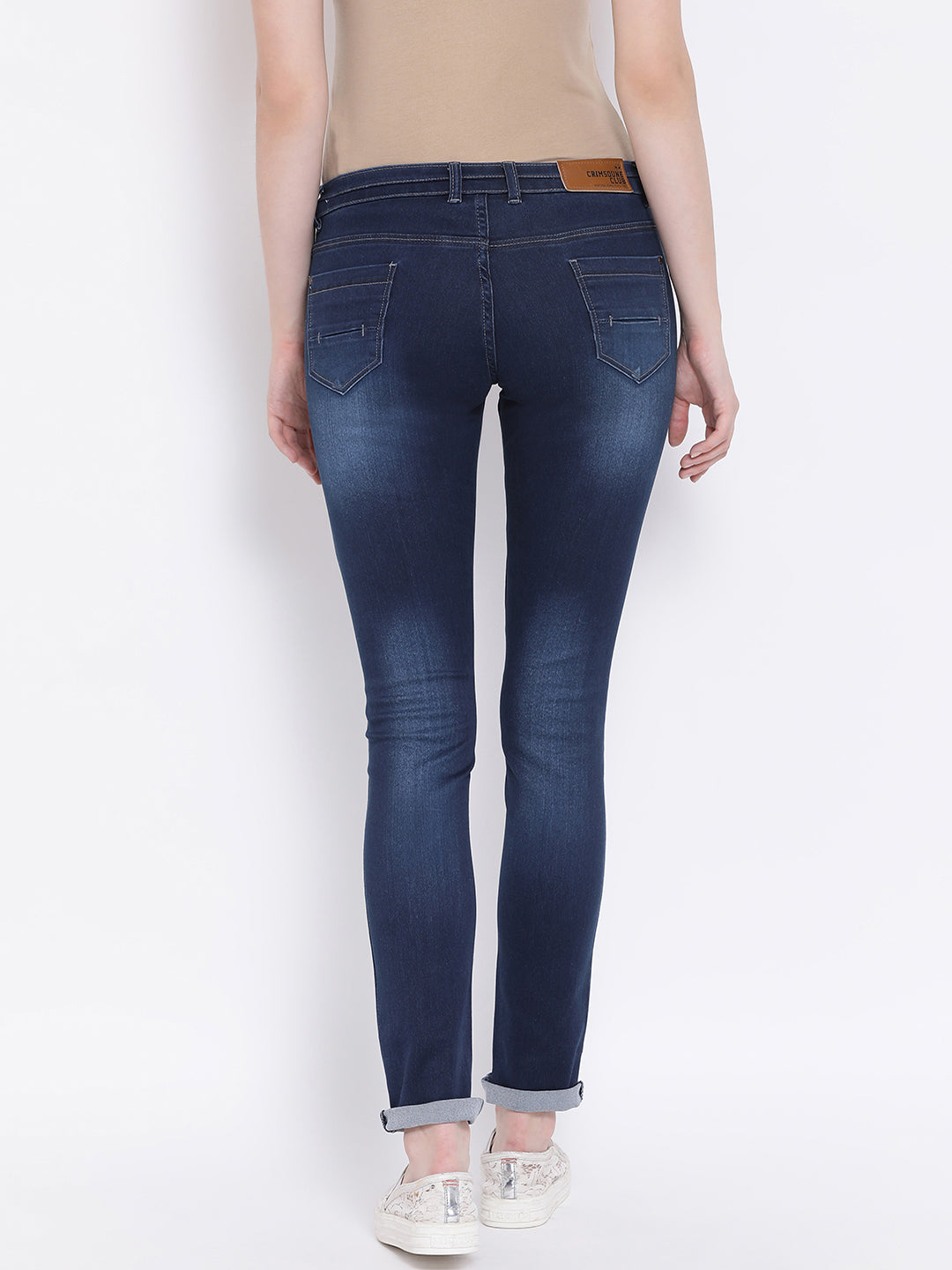 Navy Blue Solid Mildy Fade Jeans-Women Jeans-Crimsoune Club