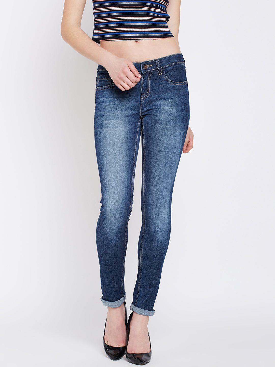 Blue Solid Mildy Fade Jeans-Women Jeans-Crimsoune Club