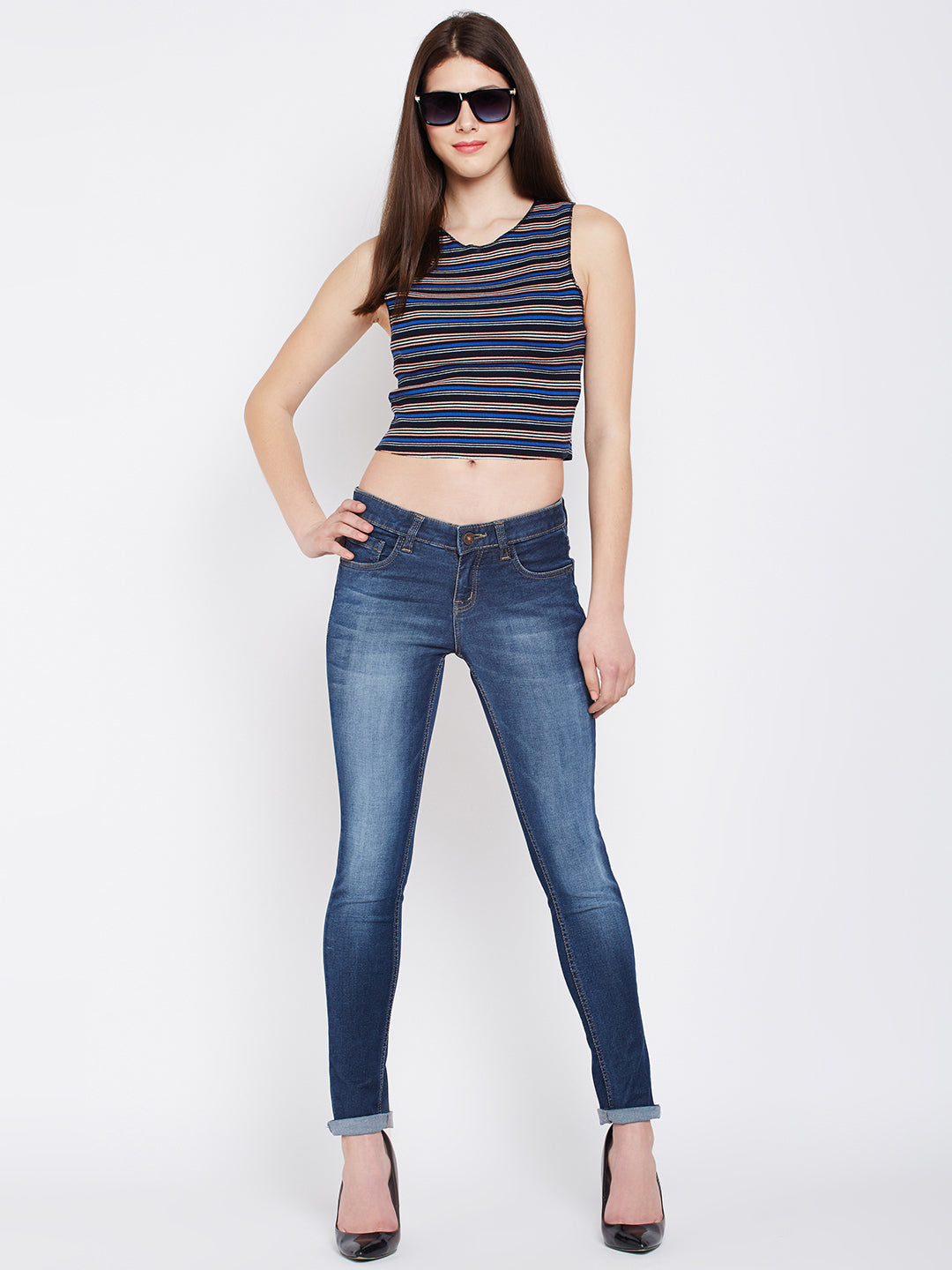 Blue Solid Mildy Fade Jeans-Women Jeans-Crimsoune Club