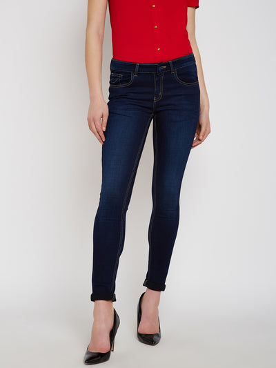 Navy Blue Solid Light Fade Jeans-Women Jeans-Crimsoune Club