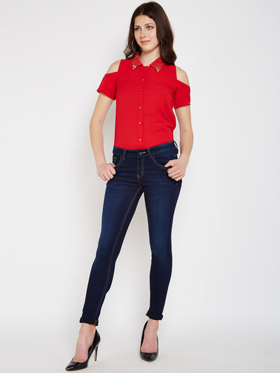 Navy Blue Solid Light Fade Jeans-Women Jeans-Crimsoune Club