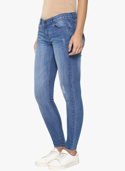 Blue Solid Light Fade Distressed Jeans-Women Jeans-Crimsoune Club