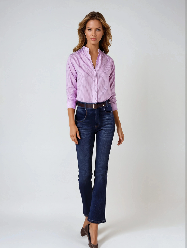 Pink Vertical Stripes V-Neck Shirt-Women Shirts-Crimsoune Club