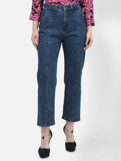 Straight Blue Jeans-Women Jeans-Crimsoune Club