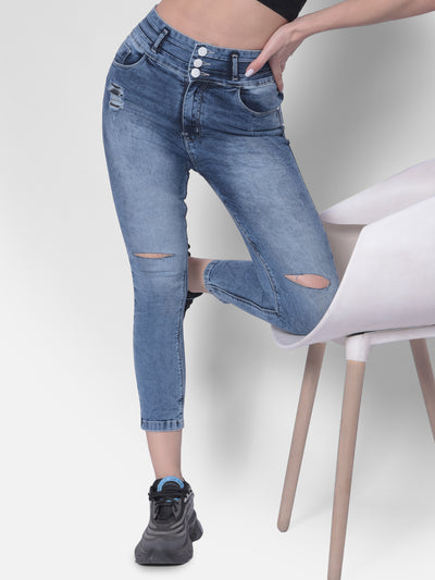 Blue High-Rise Distressed Jeans-Women Jeans-Crimsoune Club