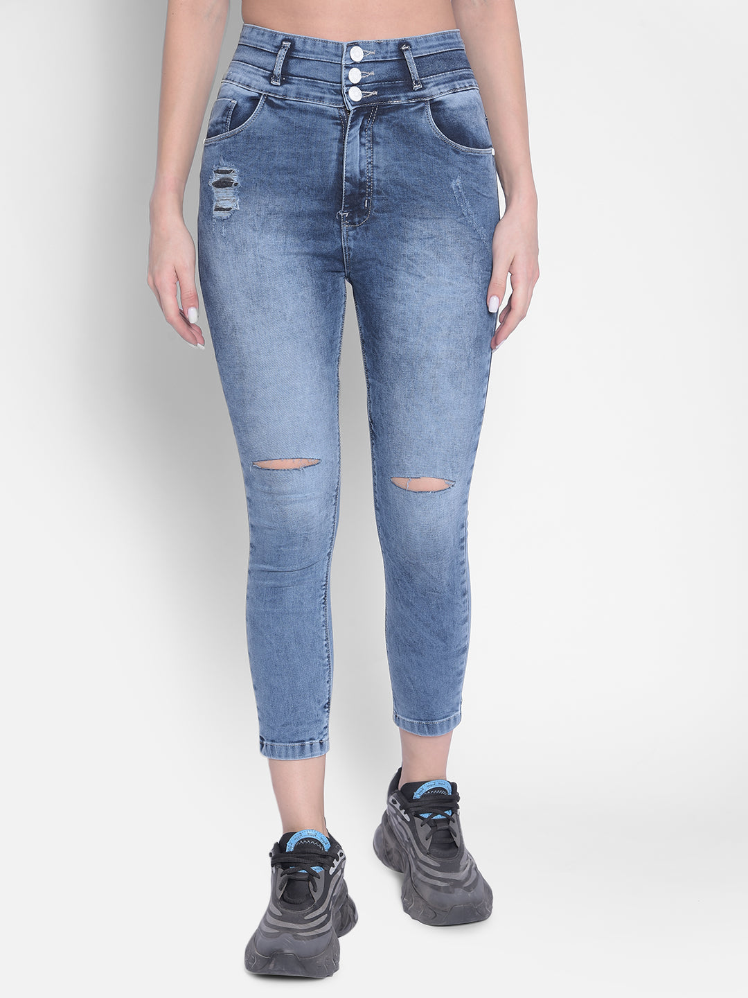 Blue High-Rise Distressed Jeans-Women Jeans-Crimsoune Club