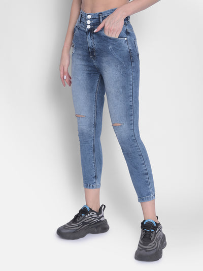 Blue High-Rise Distressed Jeans-Women Jeans-Crimsoune Club