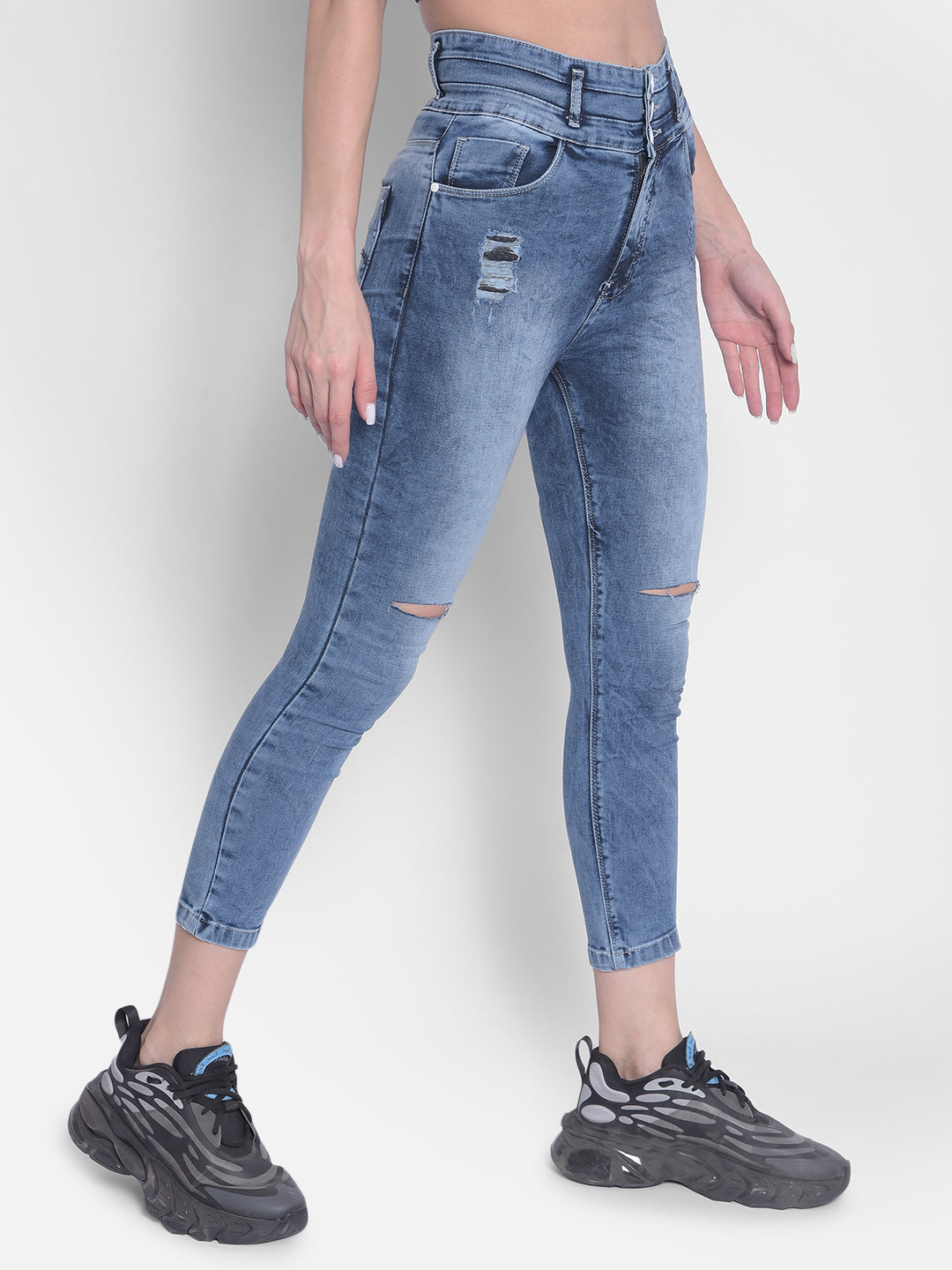 Blue High-Rise Distressed Jeans-Women Jeans-Crimsoune Club