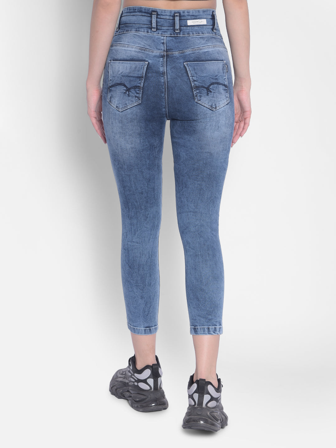 Blue High-Rise Distressed Jeans-Women Jeans-Crimsoune Club