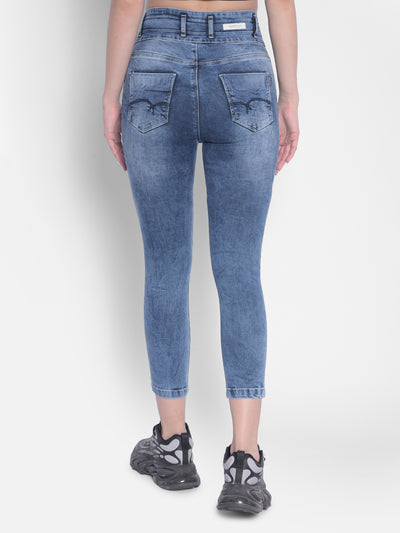 Blue High-Rise Distressed Jeans-Women Jeans-Crimsoune Club