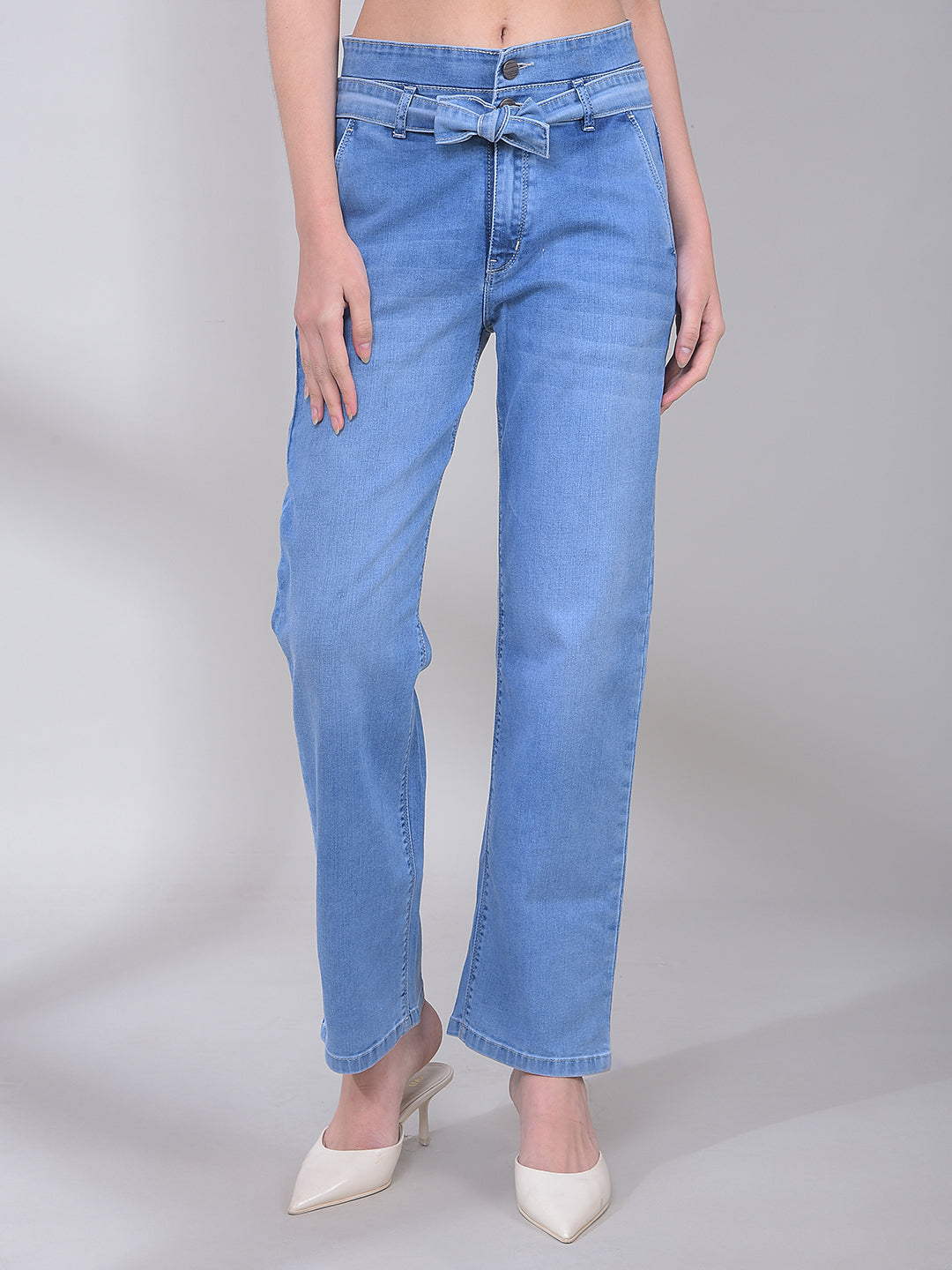 Blue Skinny High-Waist Jeans With Belt-Women Jeans-Crimsoune Club