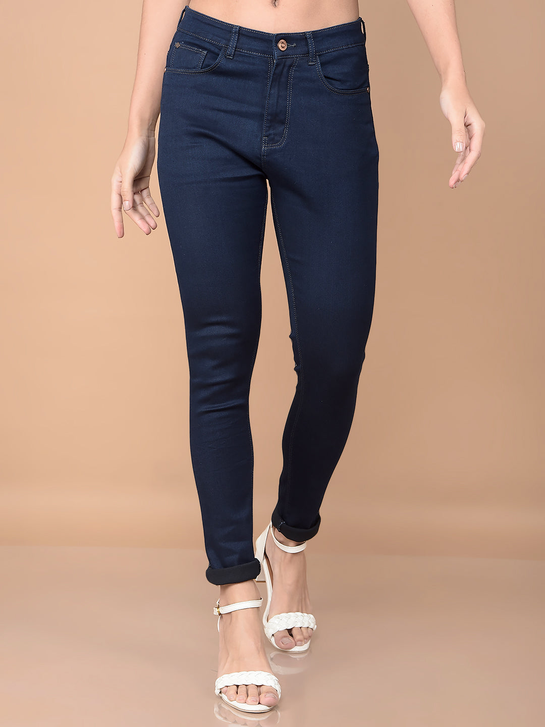 Navy Blue High-Waist Jeans-Women Jeans-Crimsoune Club