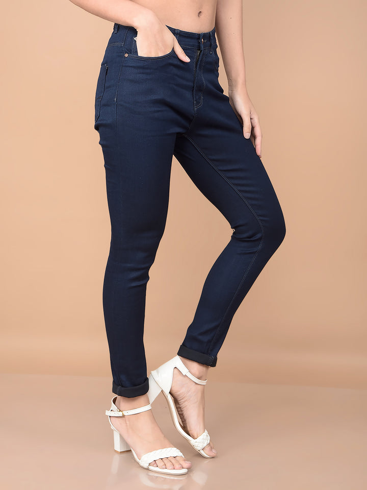Navy Blue High-Waist Jeans-Women Jeans-Crimsoune Club