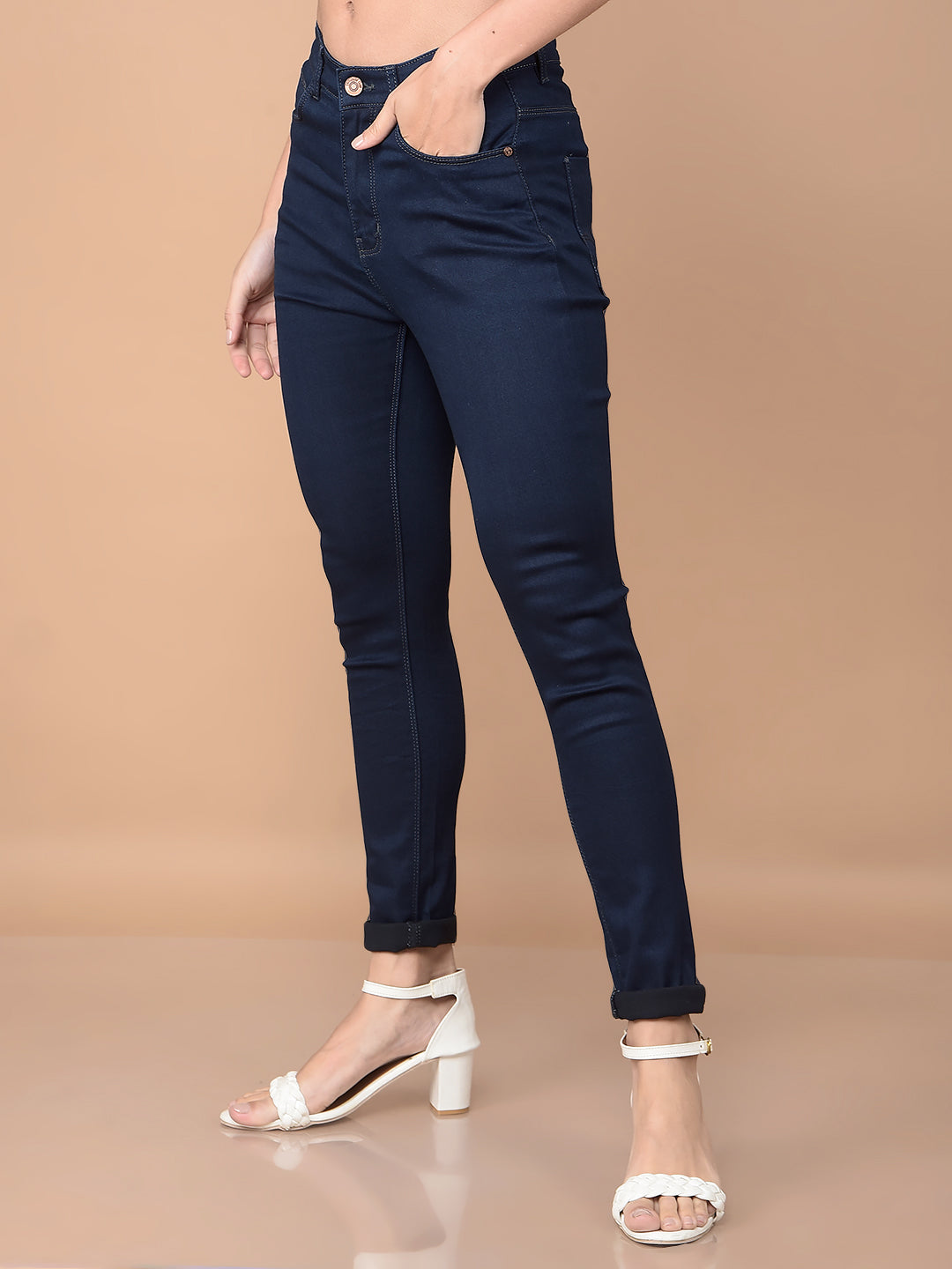Navy Blue High-Waist Jeans-Women Jeans-Crimsoune Club